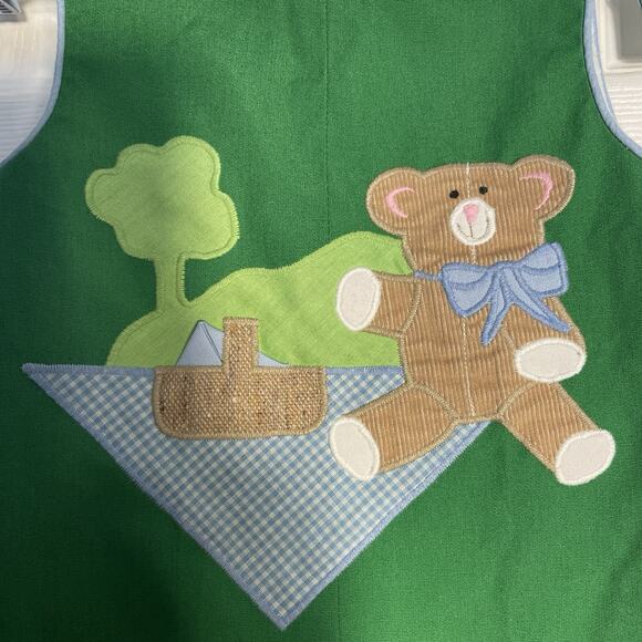 Vintage Romper Unisex 2T Green Teddy Bear Picnic Blanket Applique Sleeveless - Picture 2 of 5